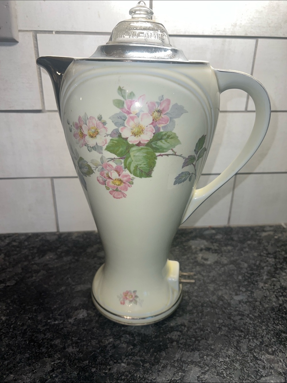 Vintage Forman Brothers ceramic chrome plated coffee pot. Apple Blossom pattern